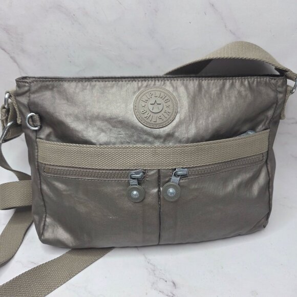 Kipling Angie Metallic Crossbody Bag Shimmer Gray Purse
